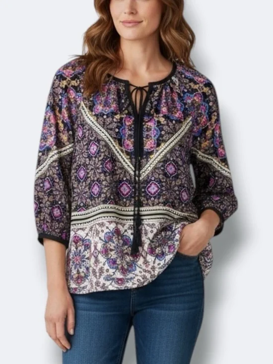Daniel Rainn Blouse Womens Small Black Boho Floral Peasant Long Sleeve Top - Picture 1 of 8